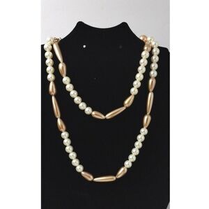 Hollywood Regency Faux Pearl Necklace Champagne Tear Drop Cylinder 38" Graduated